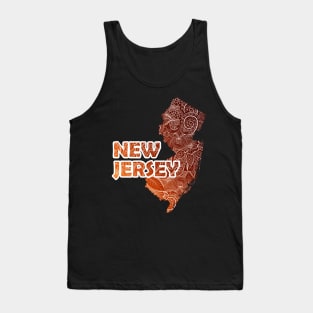 Colorful mandala art map of New Jersey with text in brown and orange Tank Top